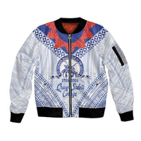 Queen Salote College 100 Years Personalized Sleeve Zip Bomber Jacket Tonga QSC Heilala Lei White Ngatu Pattern LT14 Unisex White - Polynesian Pride