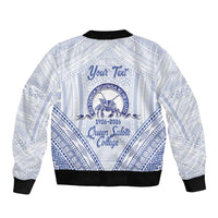 Queen Salote College 100 Years Personalized Sleeve Zip Bomber Jacket Tonga QSC Heilala Lei White Ngatu Pattern LT14 - Polynesian Pride