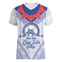 Queen Salote College 100 Years Personalized Women V-Neck T-Shirt Tonga QSC Heilala Lei White Ngatu Pattern LT14 Female White - Polynesian Pride