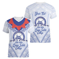 Queen Salote College 100 Years Personalized Women V-Neck T-Shirt Tonga QSC Heilala Lei White Ngatu Pattern LT14 - Polynesian Pride