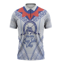 Queen Salote College 100 Years Personalized Zipper Polo Shirt Tonga QSC Heilala Lei White Ngatu Pattern LT14 White - Polynesian Pride