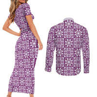 Poni Palaka Quilt Hawaii Couples Matching Short Sleeve Bodycon Dress and Long Sleeve Button Shirt Hawaiian Tropical Monstera Sea Turtle
