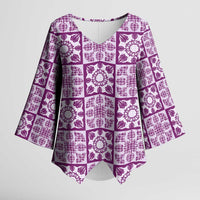 Poni Palaka Quilt Hawaii Kimono Sleeve Blouse Hawaiian Tropical Monstera Sea Turtle LT14 Female Purple - Polynesian Pride