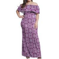 Poni Palaka Quilt Hawaii Off Shoulder Maxi Dress Hawaiian Tropical Monstera Sea Turtle LT14 Women Purple - Polynesian Pride