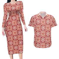 Ulaula Palaka Quilt Hawaii Couples Matching Long Sleeve Bodycon Dress and Hawaiian Shirt Hawaiian Tropical Monstera Sea Turtle