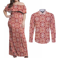 Ulaula Palaka Quilt Hawaii Couples Matching Off Shoulder Maxi Dress and Long Sleeve Button Shirt Hawaiian Tropical Monstera Sea Turtle