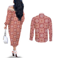 Ulaula Palaka Quilt Hawaii Couples Matching Off The Shoulder Long Sleeve Dress and Long Sleeve Button Shirt Hawaiian Tropical Monstera Sea Turtle