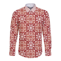 Ulaula Palaka Quilt Hawaii Long Sleeve Button Shirt Hawaiian Tropical Monstera Sea Turtle LT14 Unisex Red - Polynesian Pride