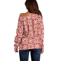 Ulaula Palaka Quilt Hawaii Off Shoulder Sweater Hawaiian Tropical Monstera Sea Turtle LT14 - Polynesian Pride