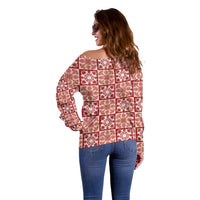 Ulaula Palaka Quilt Hawaii Off Shoulder Sweater Hawaiian Tropical Monstera Sea Turtle LT14 - Polynesian Pride