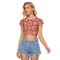 Ulaula Palaka Quilt Hawaii Raglan Cropped T Shirt Hawaiian Tropical Monstera Sea Turtle LT14 Female Red - Polynesian Pride