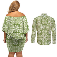 Omaomao Palaka Quilt Hawaii Couples Matching Off Shoulder Short Dress and Long Sleeve Button Shirt Hawaiian Tropical Monstera Sea Turtle
