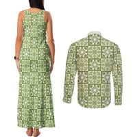 Omaomao Palaka Quilt Hawaii Couples Matching Tank Maxi Dress and Long Sleeve Button Shirt Hawaiian Tropical Monstera Sea Turtle