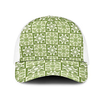 Omaomao Palaka Quilt Hawaii Mesh Trucker Cap Hawaiian Tropical Monstera Sea Turtle LT14 One Size White Green - Polynesian Pride