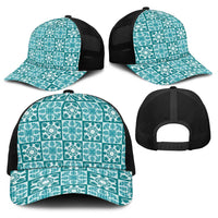 Cyan Palaka Quilt Hawaii Baseball Net Cap Hawaiian Tropical Monstera Sea Turtle LT14 - Polynesian Pride