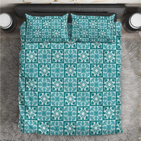 Cyan Palaka Quilt Hawaii Bedding Set Hawaiian Tropical Monstera Sea Turtle LT14 Cyan - Polynesian Pride