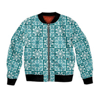 Cyan Palaka Quilt Hawaii Bomber Jacket Hawaiian Tropical Monstera Sea Turtle LT14 Unisex Cyan - Polynesian Pride