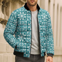 Cyan Palaka Quilt Hawaii Bomber Puffer Jacket Hawaiian Tropical Monstera Sea Turtle LT14 - Polynesian Pride