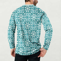 Cyan Palaka Quilt Hawaii Button Sweatshirt Hawaiian Tropical Monstera Sea Turtle LT14 - Polynesian Pride