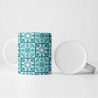 Cyan Palaka Quilt Hawaii Ceramic Mug Hawaiian Tropical Monstera Sea Turtle LT14 - Polynesian Pride