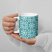 Cyan Palaka Quilt Hawaii Ceramic Mug Hawaiian Tropical Monstera Sea Turtle LT14 - Polynesian Pride