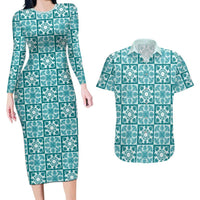 Cyan Palaka Quilt Hawaii Couples Matching Long Sleeve Bodycon Dress and Hawaiian Shirt Hawaiian Tropical Monstera Sea Turtle