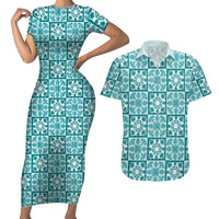 Cyan Palaka Quilt Hawaii Couples Matching Short Sleeve Bodycon Dress and Hawaiian Shirt Hawaiian Tropical Monstera Sea Turtle