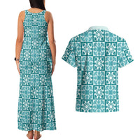Cyan Palaka Quilt Hawaii Couples Matching Tank Maxi Dress and Hawaiian Shirt Hawaiian Tropical Monstera Sea Turtle