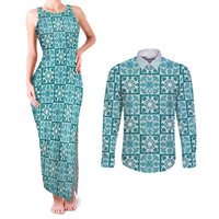 Cyan Palaka Quilt Hawaii Couples Matching Tank Maxi Dress and Long Sleeve Button Shirt Hawaiian Tropical Monstera Sea Turtle