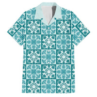 Cyan Palaka Quilt Hawaii Family Matching Off Shoulder Short Dress and Hawaiian Shirt Hawaiian Tropical Monstera Sea Turtle