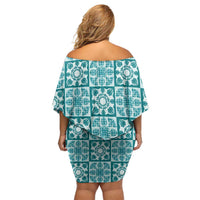 Cyan Palaka Quilt Hawaii Family Matching Off Shoulder Short Dress and Hawaiian Shirt Hawaiian Tropical Monstera Sea Turtle
