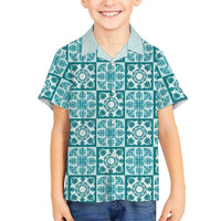 Cyan Palaka Quilt Hawaii Family Matching Off Shoulder Short Dress and Hawaiian Shirt Hawaiian Tropical Monstera Sea Turtle