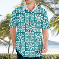Cyan Palaka Quilt Hawaii Hawaiian Shirt Hawaiian Tropical Monstera Sea Turtle