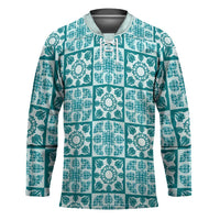 Cyan Palaka Quilt Hawaii Hockey Jersey Hawaiian Tropical Monstera Sea Turtle LT14 Unisex Cyan - Polynesian Pride