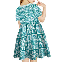 Cyan Palaka Quilt Hawaii Kid Short Sleeve Dress Hawaiian Tropical Monstera Sea Turtle