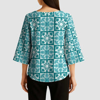 Cyan Palaka Quilt Hawaii Kimono Sleeve Blouse Hawaiian Tropical Monstera Sea Turtle LT14 - Polynesian Pride