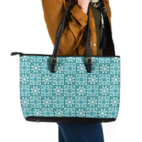 Cyan Palaka Quilt Hawaii Leather Tote Bag Hawaiian Tropical Monstera Sea Turtle LT14 - Polynesian Pride