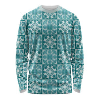 Cyan Palaka Quilt Hawaii Long Sleeve Shirt Hawaiian Tropical Monstera Sea Turtle LT14 Unisex Cyan - Polynesian Pride
