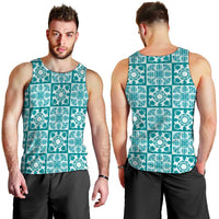 Cyan Palaka Quilt Hawaii Men Tank Top Hawaiian Tropical Monstera Sea Turtle LT14 - Polynesian Pride