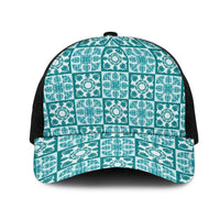 Cyan Palaka Quilt Hawaii Mesh Trucker Cap Hawaiian Tropical Monstera Sea Turtle LT14 One Size Black Cyan - Polynesian Pride