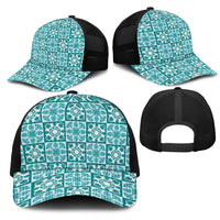 Cyan Palaka Quilt Hawaii Mesh Trucker Cap Hawaiian Tropical Monstera Sea Turtle LT14 - Polynesian Pride