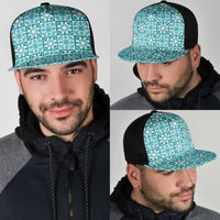 Cyan Palaka Quilt Hawaii Mesh Trucker Cap Hawaiian Tropical Monstera Sea Turtle LT14 - Polynesian Pride
