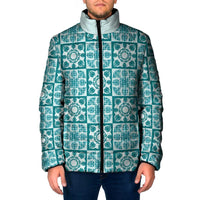 Cyan Palaka Quilt Hawaii Padded Jacket Hawaiian Tropical Monstera Sea Turtle LT14 Men Cyan - Polynesian Pride