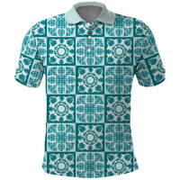 Cyan Palaka Quilt Hawaii Polo Shirt Hawaiian Tropical Monstera Sea Turtle LT14 Cyan - Polynesian Pride