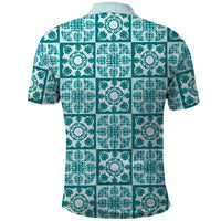 Cyan Palaka Quilt Hawaii Polo Shirt Hawaiian Tropical Monstera Sea Turtle LT14 - Polynesian Pride