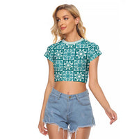 Cyan Palaka Quilt Hawaii Raglan Cropped T Shirt Hawaiian Tropical Monstera Sea Turtle LT14 Female Cyan - Polynesian Pride
