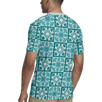 Cyan Palaka Quilt Hawaii Rugby Jersey Hawaiian Tropical Monstera Sea Turtle LT14 - Polynesian Pride