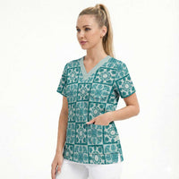 Cyan Palaka Quilt Hawaii Scrub Top Hawaiian Tropical Monstera Sea Turtle LT14 - Polynesian Pride