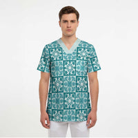 Cyan Palaka Quilt Hawaii Scrub Top Hawaiian Tropical Monstera Sea Turtle LT14 - Polynesian Pride