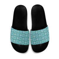 Cyan Palaka Quilt Hawaii Slide Sandals Hawaiian Tropical Monstera Sea Turtle LT14 Cyan - Polynesian Pride